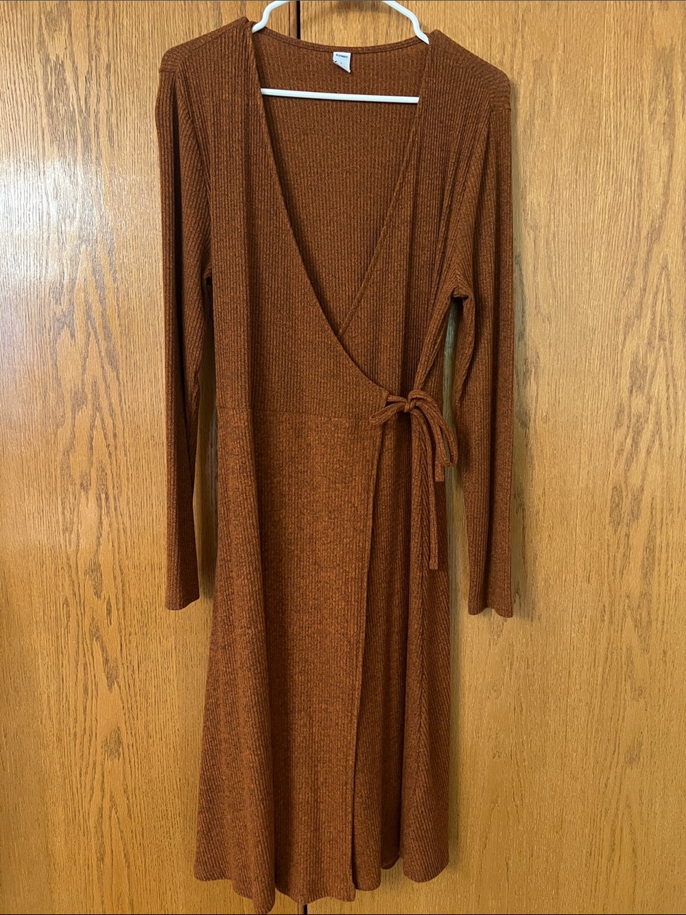 Old Navy Ribbed Wrap Long-Sleeve Midi Dress in Rust